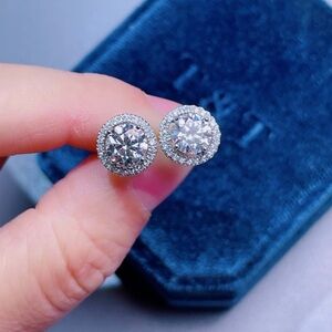 4 Ct Halo Round Cut VVS/D Lab Created Stud Earrings 14K White Gold Push Back 8mm